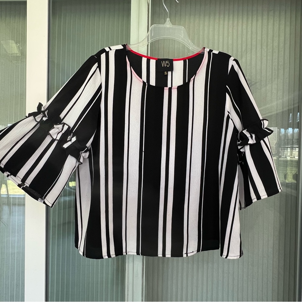 Black & White Strip Ruffle Sleeve Blouse - Size M